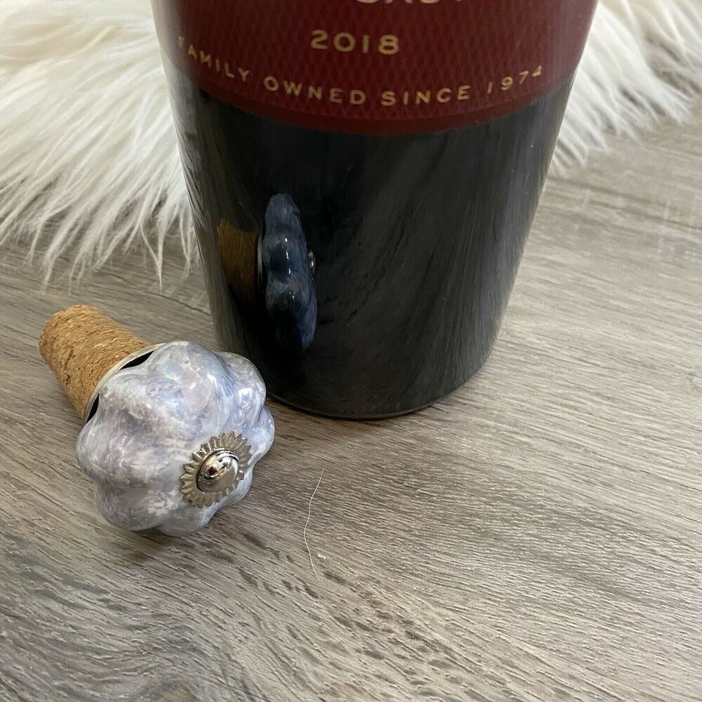 Wine Cork Stopper Decorative Blue Painted Floral Ceramic
